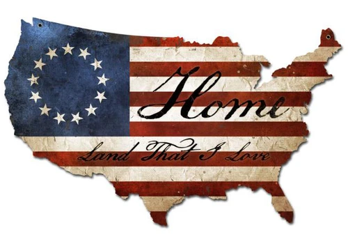 USA Flag Home retro cut-out metal sign 25 x 16 inches shaped like the United States with red and white stripes, 13 stars and patriotic Home lettering