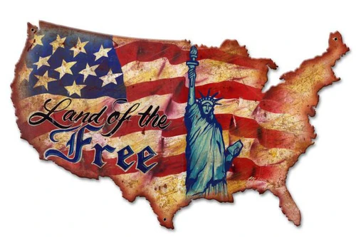 Land of the Free USA map metal sign featuring a distressed American flag, gold stars, Statue of Liberty and vintage patriotic lettering, 25 x 16 inches