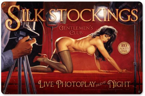 Silk Stockings Pin Up Girl Metal Sign 18 x 12 Inches