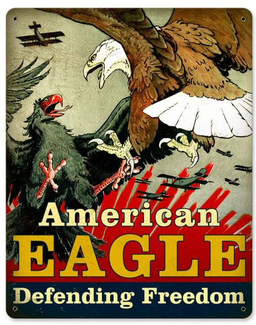 Vintage American Eagle Defending Freedom metal sign 12 x 15 inches showing bald eagle confronting dark bird with fighter planes and patriotic lettering