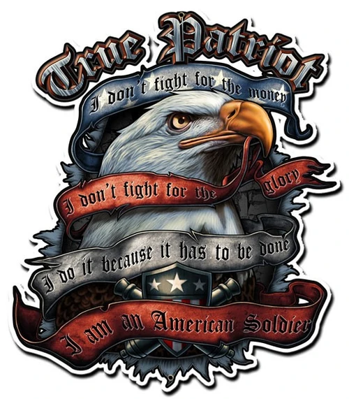 True Patriot metal sign 13 x 16 inches featuring a bald eagle with golden beak and red blue gray ribbons reading I am an American Soldier