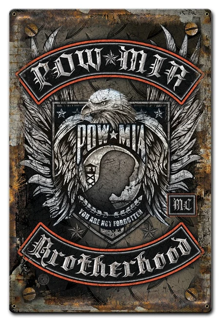POW MIA Brotherhood 12x18 metal sign featuring eagle, spread gray wings, soldier silhouette, You Are Not Forgotten message and Gothic banners