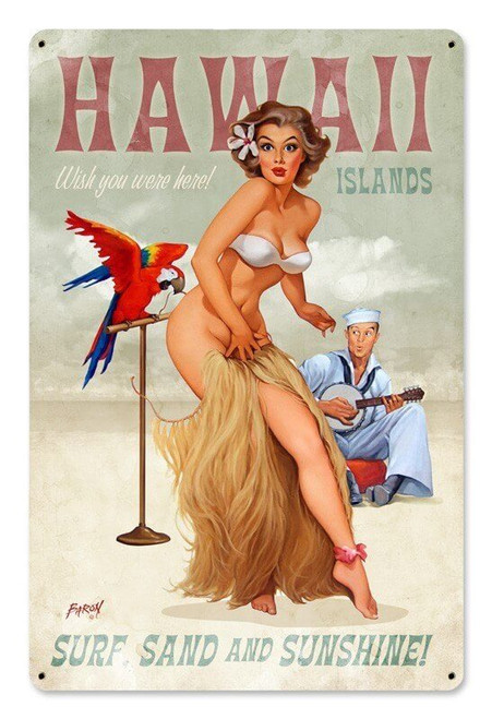 Hawaii Islands Pinup Girl Metal Sign 12 x 18 Inches