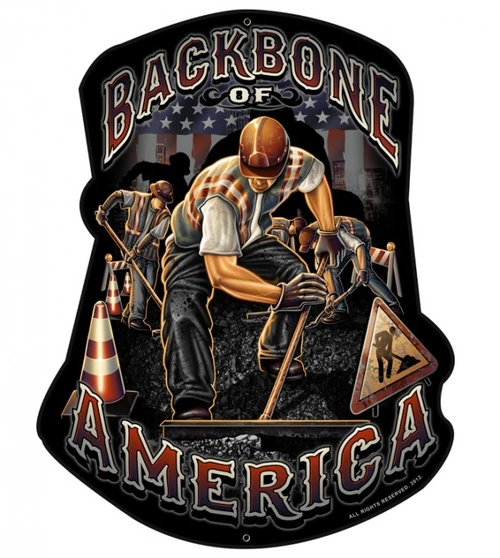 American Labor Worker metal sign with hard-hat construction worker, distressed American flag, roadwork equipment and Backbone of America lettering, 14 x 18 inches
