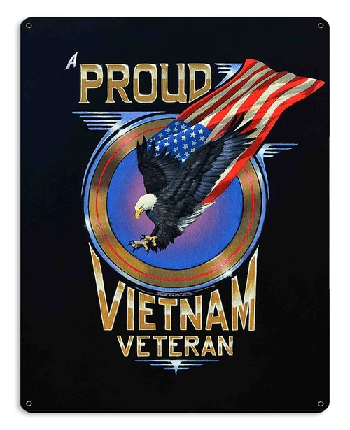 Proud Vietnam Vet 15x12 metal sign with soaring bald eagle, flowing American flag, blue circular emblem and gold A Proud Vietnam Veteran lettering