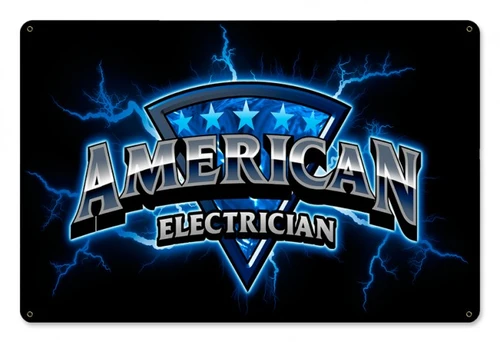 American Electrician metal sign 18 x 12 inches with silver lettering, five blue stars, dark shield and bright electric-blue lightning bolts on black background