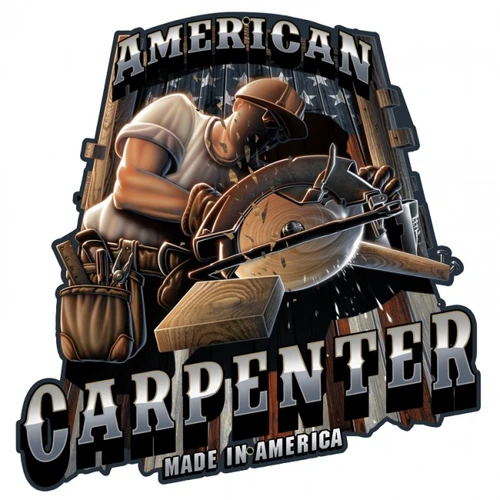 American Carpenter circular saw metal sign 18 x 18 inches with muscular carpenter cutting lumber, tool belt, rustic wooden planks and Made in America lettering