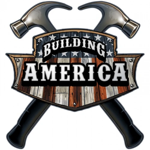 Building America Carpenter metal sign 18 x 18 inches featuring two crossed claw hammers behind a rustic wooden shield with white stars and bold lettering