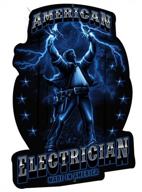 American Electrician custom-cut metal sign with electrician raising his arms amid blue lightning, utility poles, stars and Made in America lettering