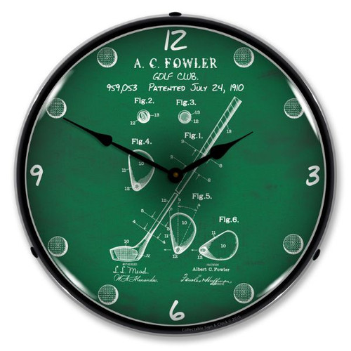 1910 Golf Club Patent Lighted Wall Clock 14 x 14 Inches