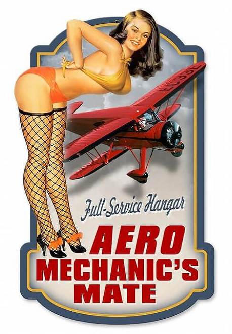 Retro Aero Mechanics Custom Shape  - Pin-Up Girl Metal Sign 17 x 10 Inches