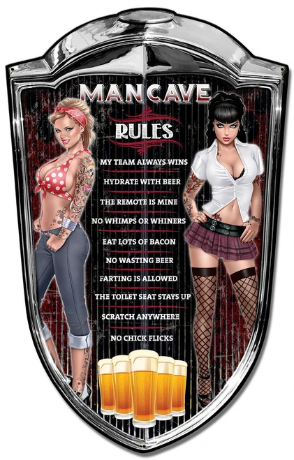Man Cave Rules metal sign 24 x 36 inches with two tattooed pin-up women, chrome shield border, humorous rules and beer mugs