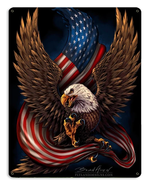 Patriotic bald eagle and American flag metal sign featuring raised brown wings, open golden beak, extended talons and flowing red white and blue flag