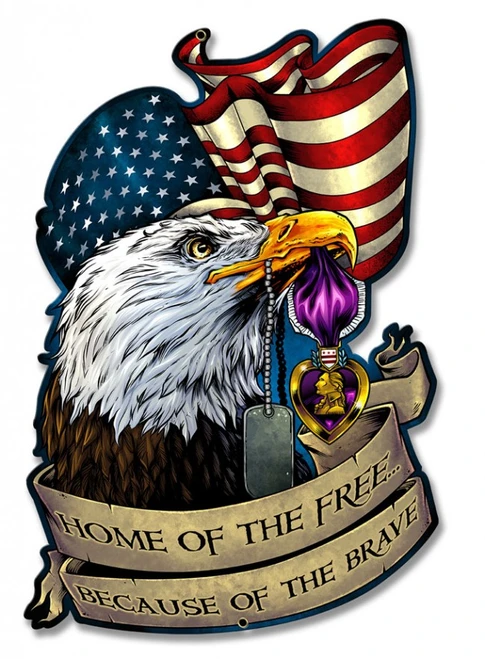 13x20 Purple Heart eagle flag metal sign with bald eagle holding military dog tags and purple heart medal, American flag background and Home of the Free Because of the Brave ribbon