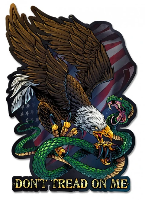 Don't Tread On Me custom-cut metal sign showing a fierce bald eagle gripping a coiled green snake with an American flag behind them and gold lettering below