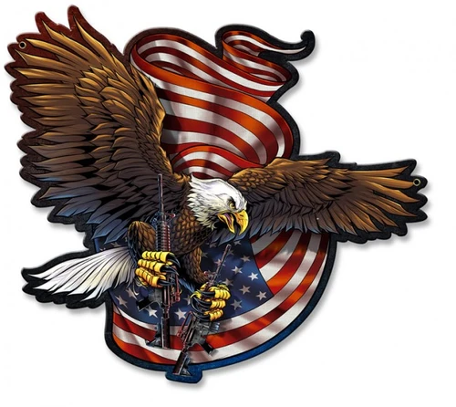 Eagle and Guns 18x16 custom-cut metal sign showing a bald eagle with spread wings holding two rifles over a flowing red white and blue American flag