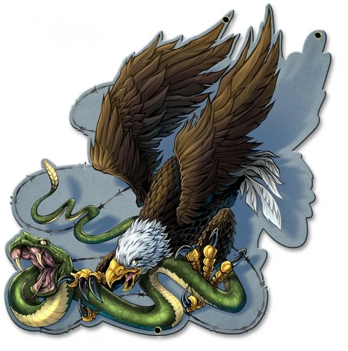 Don't Tread on Me eagle and snake metal sign showing a bald eagle attacking a green rattlesnake over a gray-blue barbed-wire background, 18 x 17 inches