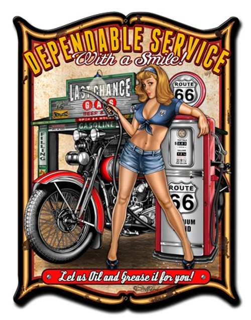 Dependable Service Pinup Girl Metal Sign 14 x 19 Inches