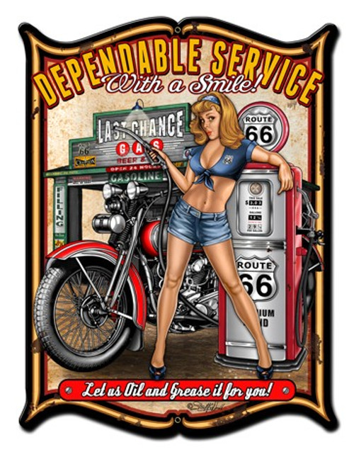 Dependable Service Pinup Girl Metal Sign 18 x 24 Inches