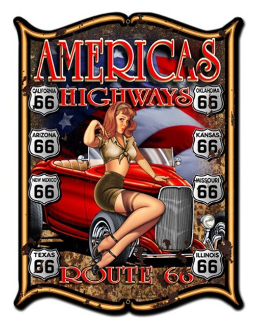 America's Highways Pinup Girl Metal Sign 14 x 19 Inches