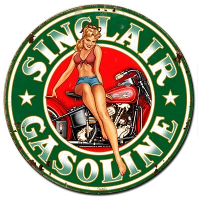 Sinclair Gasoline pin-up girl metal sign 24 x 24 inches featuring blonde woman in red tied top and denim shorts sitting on vintage red motorcycle
