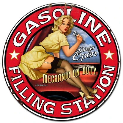 Filling Station pin-up girl metal sign 24 x 24 inches with blonde mechanic in yellow dress, red circular border and Gasoline Filling Station lettering