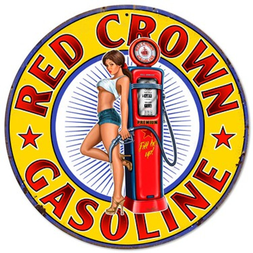 Red Crown Gasoline Pinup Girl Metal Sign 24 x 24 Inches