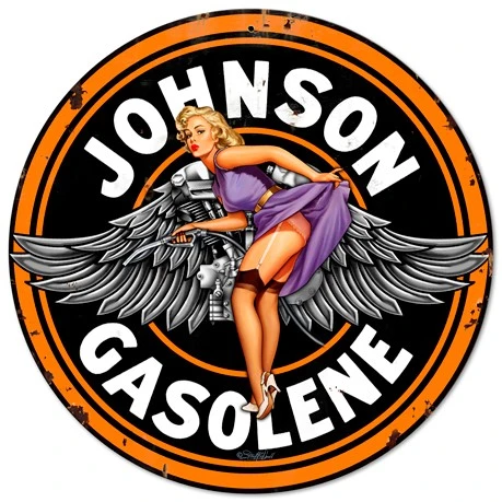 Johnson Gasolene pinup girl metal sign 24 x 24 inches with blonde woman in purple dress, large silver wings and black orange round background