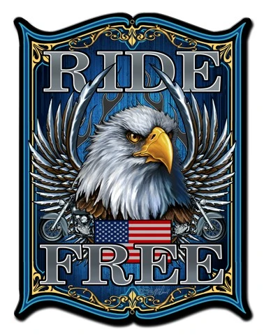 Ride Free motorcycle metal sign featuring bald eagle with spread wings, American flag, two motorcycles and ornate blue and gold shield, 18 x 24 inches