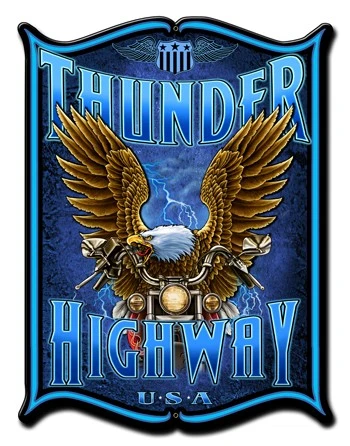 Thunder Highway eagle motorcycle metal sign with golden-brown bald eagle wings, motorcycle headlights and electric-blue lightning, 24 x 33 inches