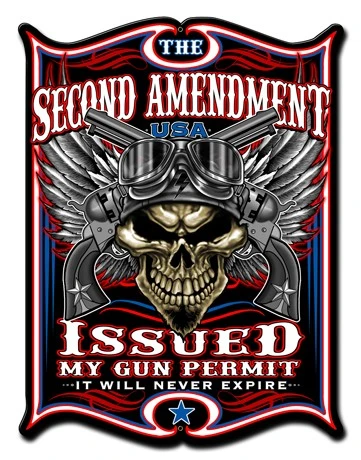 2nd Amendment Skull Metal Sign with aviator goggles, crossed revolvers, feathered wings and red white blue shield border, 14 x 19 inches