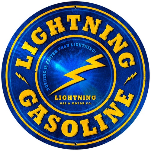 Vintage Lightning Gasoline large round metal sign 28 inches with yellow lightning bolt, blue background and bold Gasoline lettering