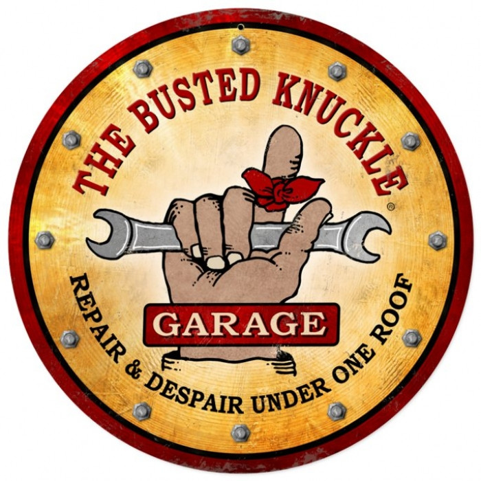 Vintage Busted Knuckle Garage Round Metal Sign 14 x 14 Inches