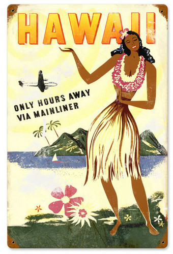 40’s Hawaii’s Decisive Hour 額装済み Retro Hawaii Hours Away Metal Sign 12 x 18 Inches