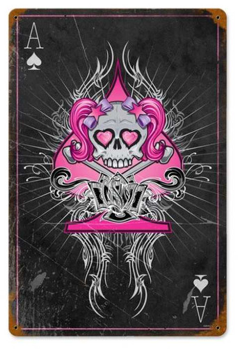 Retro Pink Ace Skull Metal Sign 18 x 12 Inches