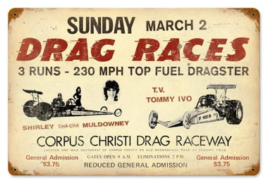 DRAG RACES 木製看板 ビンテージ風ダメージ加工90's！ Retro Drag Races Metal Sign 18 x 12 Inches