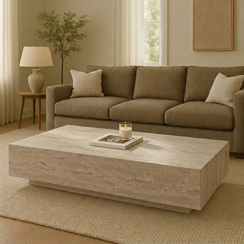 Genuine Travertine Limestone Block Indoor/Outdoor Coffee Table, 54" Extra Large
