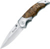 Boker Magnum Hawk 01MB042 profile view showing 3.375 inch 440 satin spear point blade and grained wood handle with stainless bolsters.