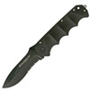 Boker Magnum Stealth Tactical Black Spear 01RY247 profile view showing 3.94 inch black partially serrated spear point blade and black aluminum handle with glass breaker.