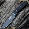 The ESEE-4 (ESEE-4S-TG-B) shown with its 4.50-inch 1095 part serrated drop point blade in a Tactical Gray finish and tall flat grind, black G-10 handle scales, and its injection-molded black polymer sheath.