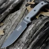 The ESEE-6 (ESEE-6S-TG) shown with its 6.50-inch 1095 part serrated drop point blade in a Tactical Gray finish and flat grind, gray Micarta handle scales with finger choil, and its injection-molded black plastic sheath.