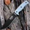 The ESEE-6 (ESEE-6P-B) shown with its 6.50-inch 1095 plain edge drop point blade in a black finish and flat grind, gray Micarta handle scales with finger choil, and its injection-molded black plastic sheath.