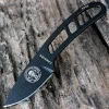The ESEE Candiru (ESEE-CAN-B-E) shown with its 2.00-inch 1095 plain edge drop point blade in a black finish and flat grind, matching all-black skeletonized steel handle, and its injection-molded black polymer sheath.