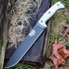 The ESEE Junglas (JUNGLAS-E) shown with its 10.38-inch 1095 plain edge drop point blade in a black finish and flat grind, tan Micarta handle, and its black Kydex sheath with MOLLE back.