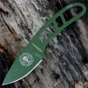 The ESEE Candiru Survival Kit (ESEE-CAN-OD-KIT) shown with its 2.00-inch 1095 plain edge drop point blade in an OD Green finish and flat grind, matching OD Green skeletonized steel handle, black polymer sheath, and the full kit: paracord, cord lock, split rings, ferro rod, whistle, and snap hook.