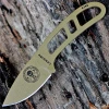 The ESEE Candiru Survival Kit (ESEE-CAN-DE-KIT) shown with its 2.00-inch 1095 plain edge drop point blade in a Dark Earth finish and flat grind, matching Dark Earth skeletonized steel handle, black polymer sheath, and the full kit: paracord, cord lock, split rings, ferro rod, whistle, and snap hook.