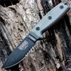 The ESEE-3 (ESEE-3S-B) shown with its 3.88-inch 1095 black part serrated drop point blade and flat grind, gray Micarta handle scales, and its injection-molded black plastic sheath.