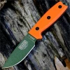 The ESEE-3 (ESEE-3PM-OD) shown with its 3.88-inch 1095 plain edge drop point blade in an OD Green finish and flat grind, orange G-10 handle scales with a modified pommel, and its injection-molded black plastic sheath.