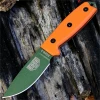 The ESEE-3 (ESEE-3P-OD) shown with its 3.88-inch 1095 plain edge drop point blade in an OD Green finish and flat grind, orange G-10 handle scales, and its injection-molded black plastic sheath.