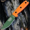 The ESEE-3 (ESEE-3SM-OD) shown with its 3.88-inch 1095 part serrated drop point blade in an OD Green finish and flat grind, orange G-10 handle scales with a modified pommel, and its injection-molded black plastic sheath.